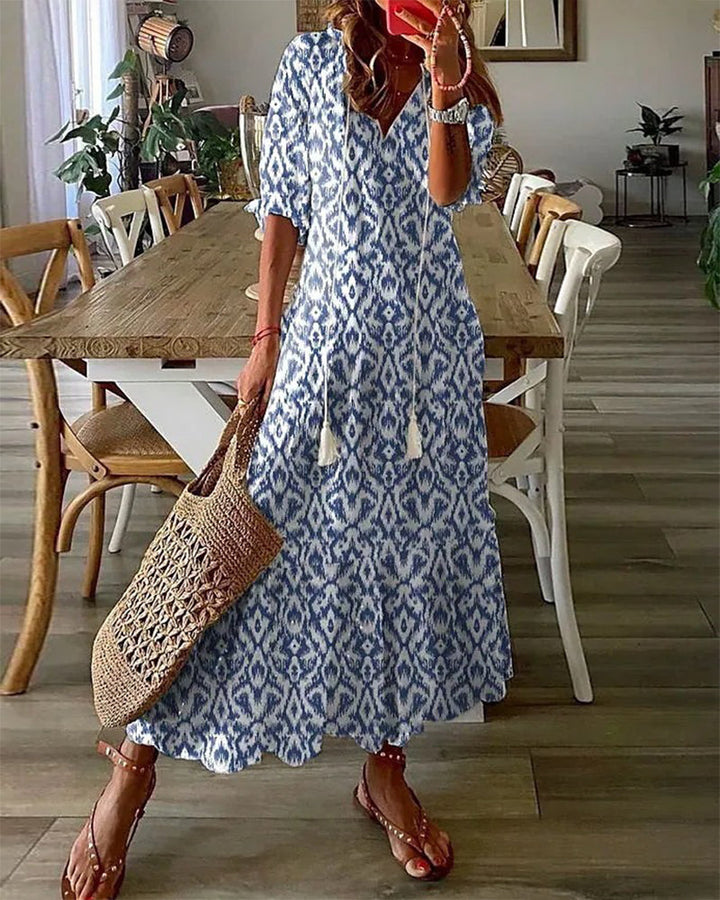 Stine | Women's Boho A-Line Maxi Dress with V-Neck and Tassel Tie