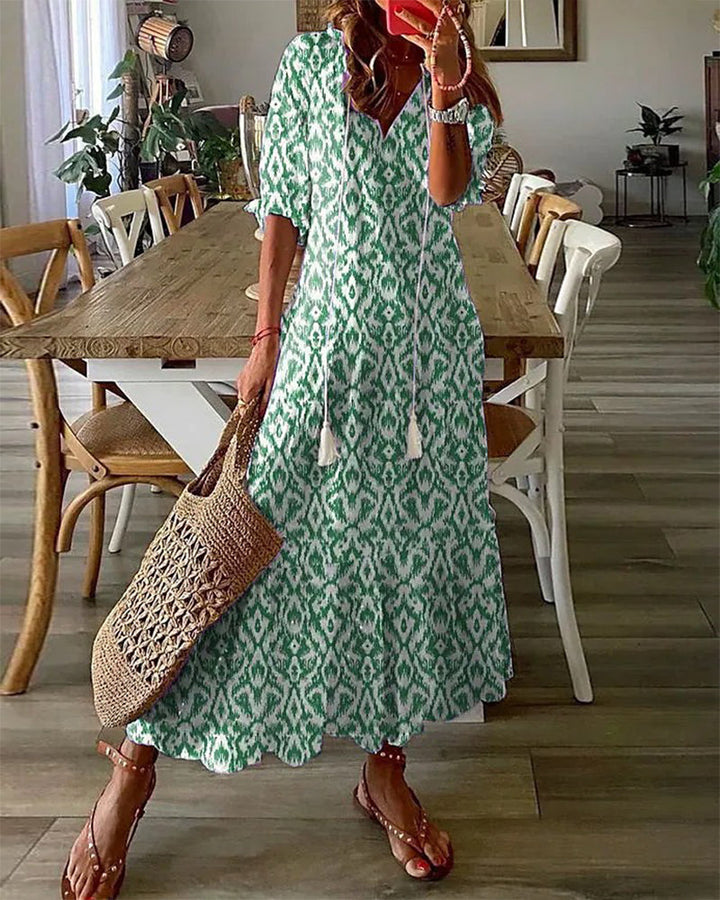 Stine | Women's Boho A-Line Maxi Dress with V-Neck and Tassel Tie
