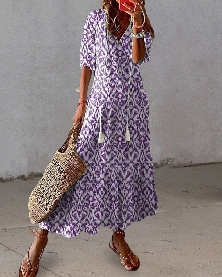 Stine | Women's Boho A-Line Maxi Dress with V-Neck and Tassel Tie