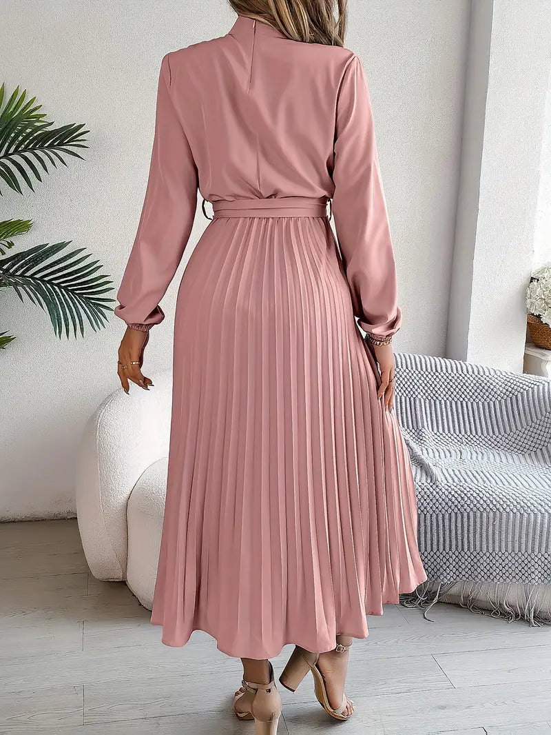Amelia | Women's Long Sleeve Pleated Midi Dress with Belted Waist