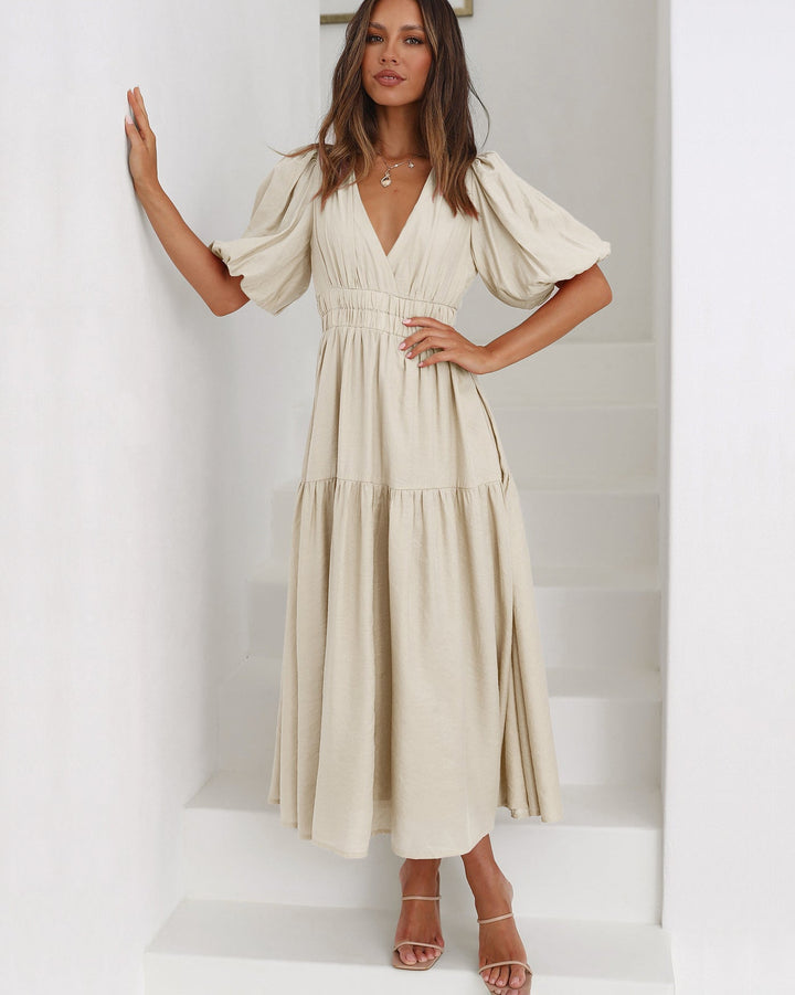 Rivka | Women's V-Neck Midi Dress with Puff Sleeves