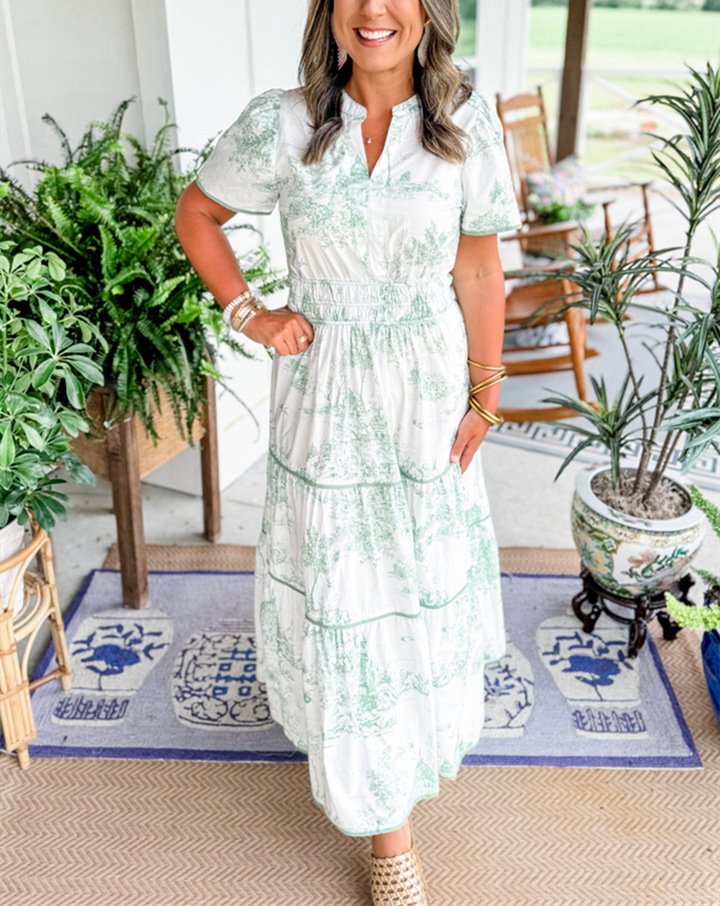 Eliza | Women's Toile Maxi Dress with Smocked Waist and Tiered Skirt