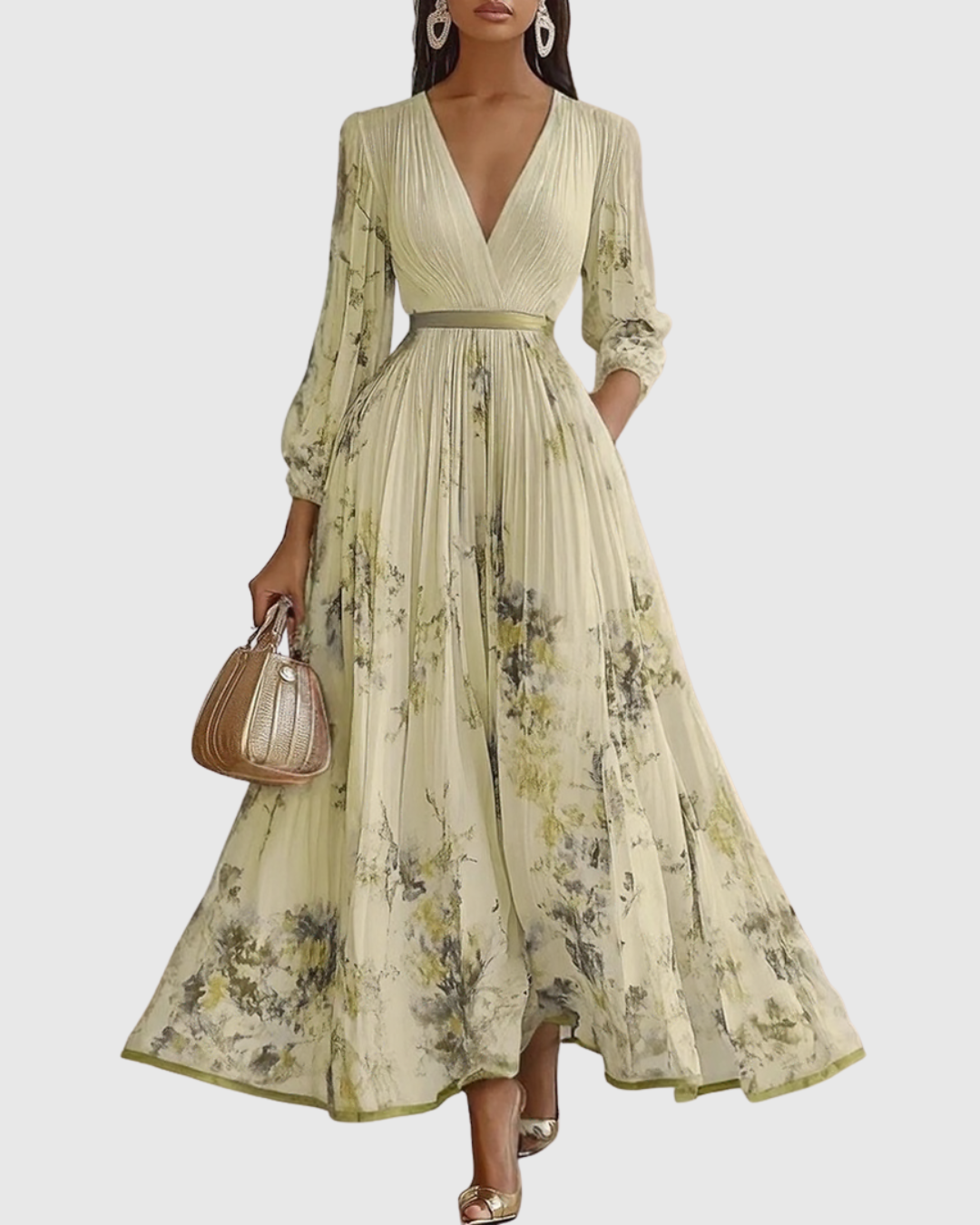 Elodie | Women’s Floral Pleated Maxi Dress with V-Neckline