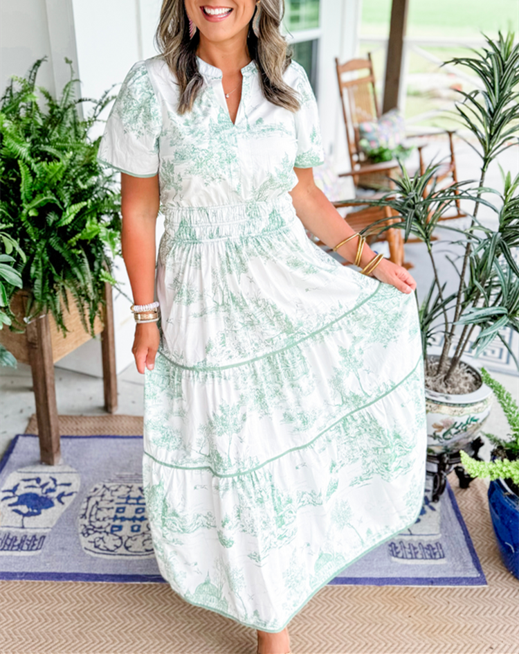 Eliza | Women's Toile Maxi Dress with Smocked Waist and Tiered Skirt