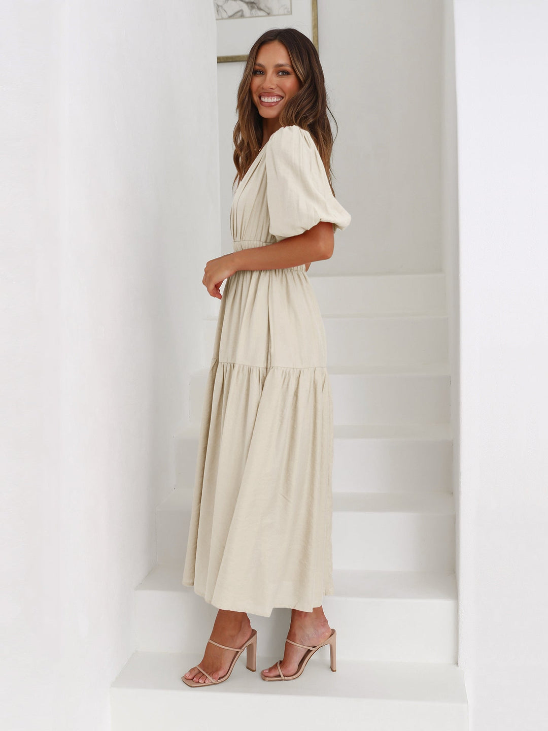 Rivka | Women's V-Neck Midi Dress with Puff Sleeves