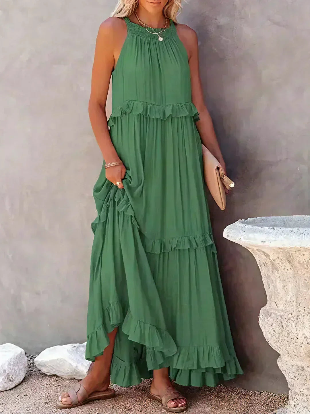 Quetzel | Graceful Halter Neck Ruffle Trim Dress