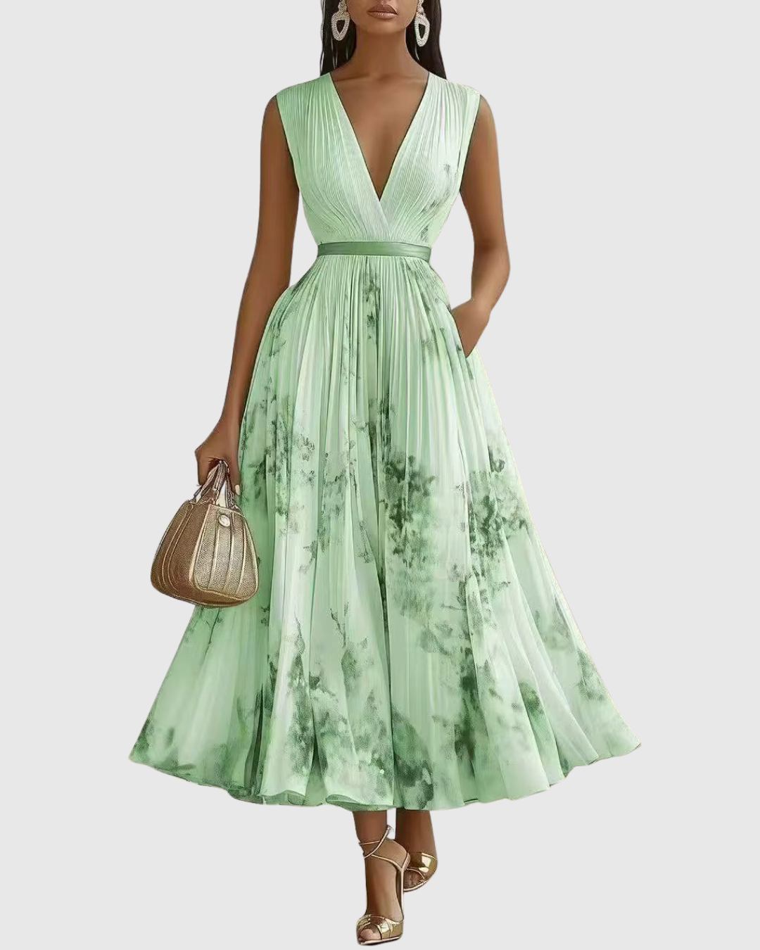Elodie | Women’s Floral Pleated Maxi Dress with V-Neckline