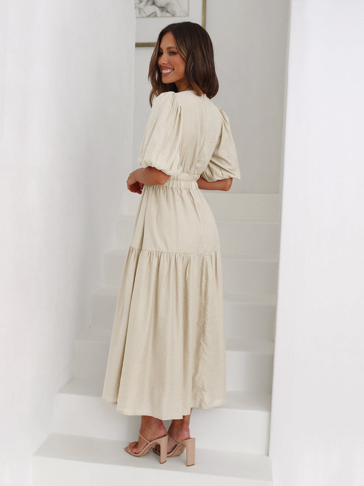Rivka | Women's V-Neck Midi Dress with Puff Sleeves