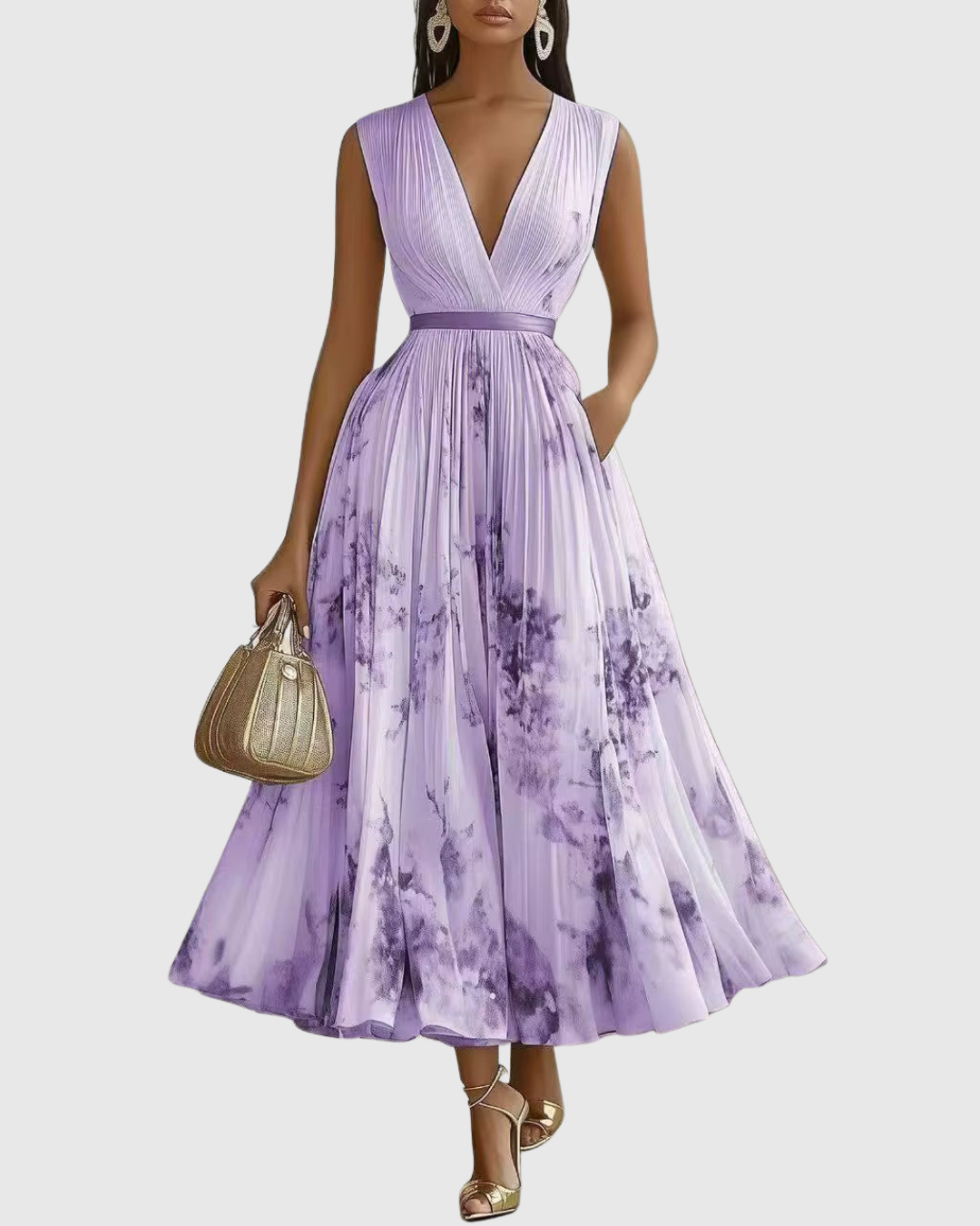 Elodie | Women’s Floral Pleated Maxi Dress with V-Neckline