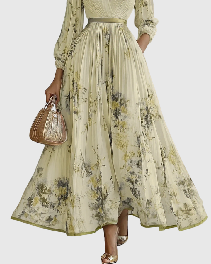 Elodie | Women’s Floral Pleated Maxi Dress with V-Neckline