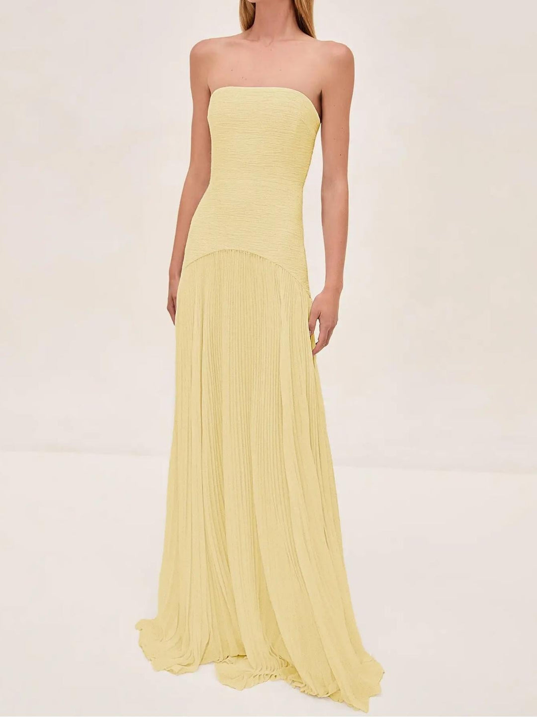 Lena | Women's Strapless Pleated Maxi Dress with Fitted Bodice