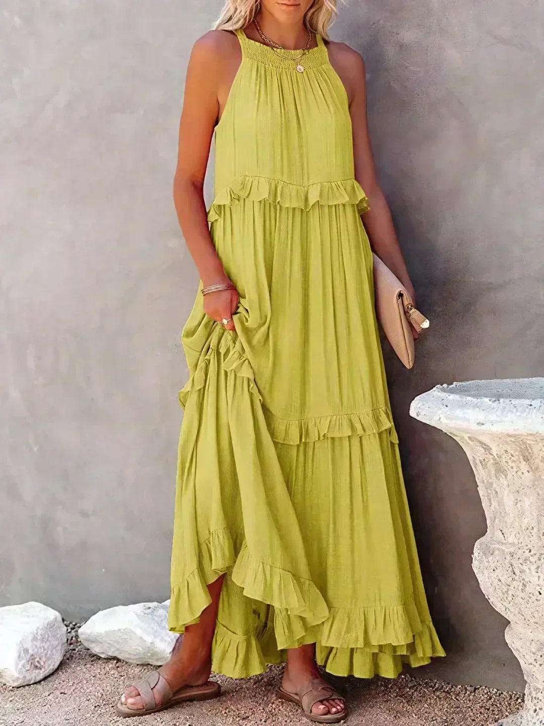 Quetzel | Graceful Halter Neck Ruffle Trim Dress