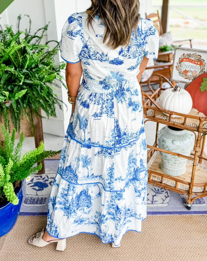 Eliza | Women's Toile Maxi Dress with Smocked Waist and Tiered Skirt