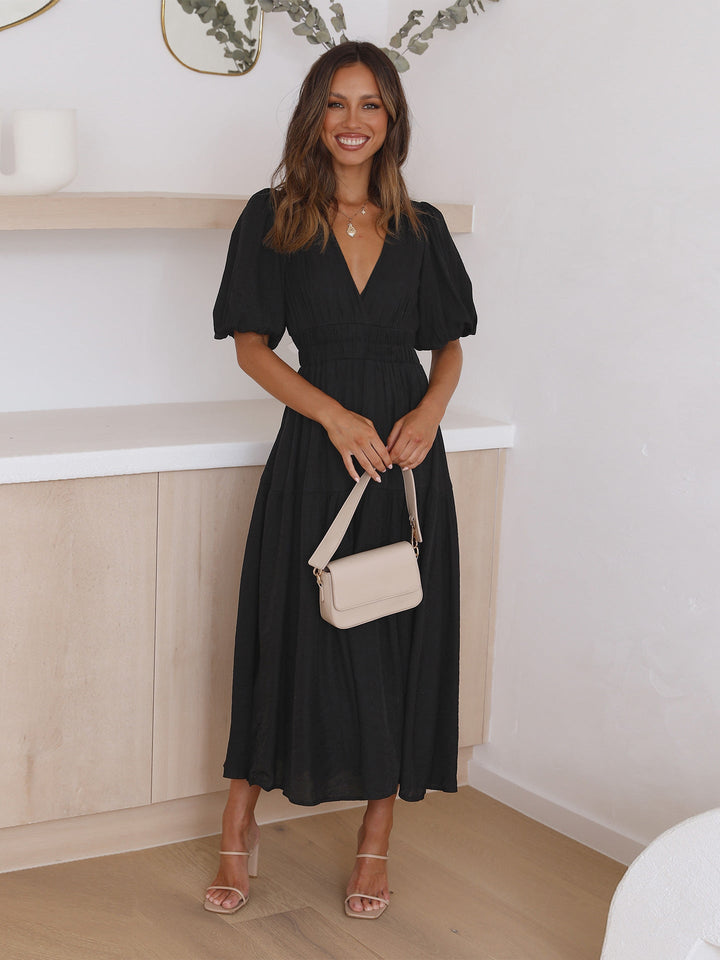 Rivka | Women's V-Neck Midi Dress with Puff Sleeves