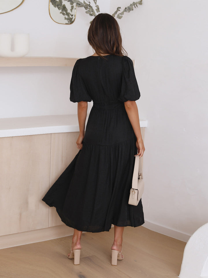 Rivka | Women's V-Neck Midi Dress with Puff Sleeves