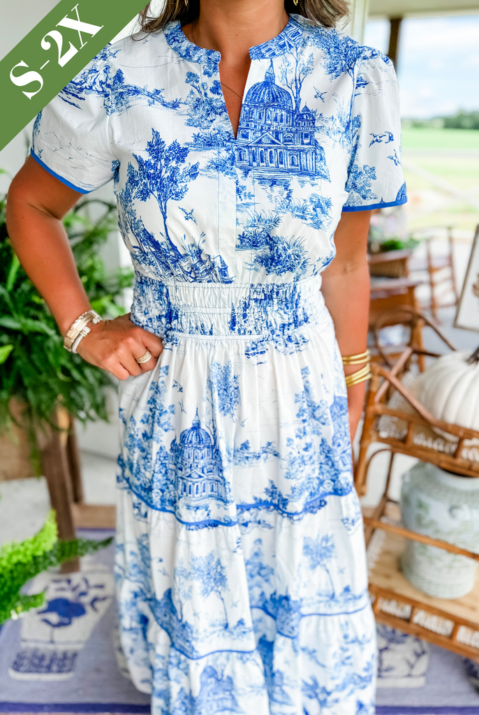 Eliza | Women's Toile Maxi Dress with Smocked Waist and Tiered Skirt
