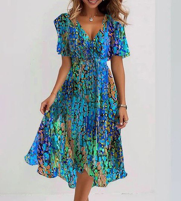 Sapphire | Women's Printed V-Neck Flutter Sleeve Midi Dress