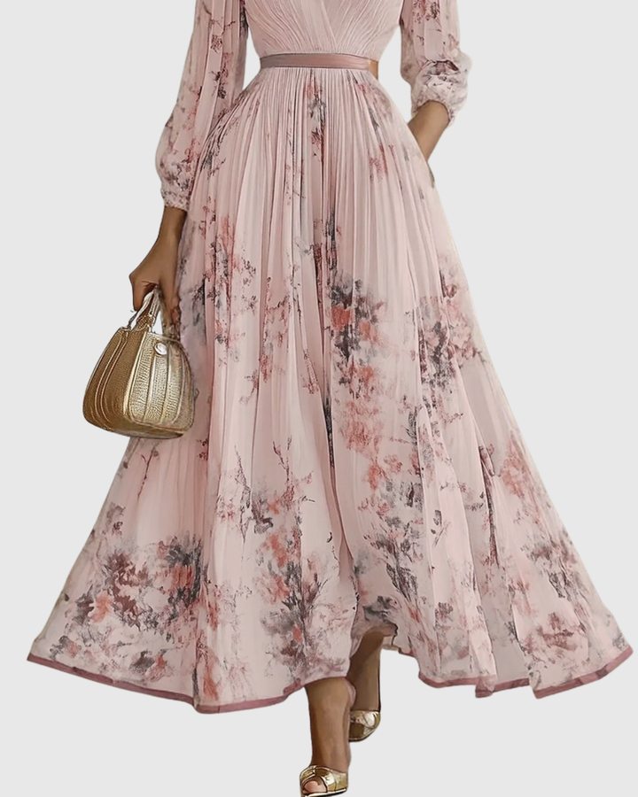 Elodie | Women’s Floral Pleated Maxi Dress with V-Neckline