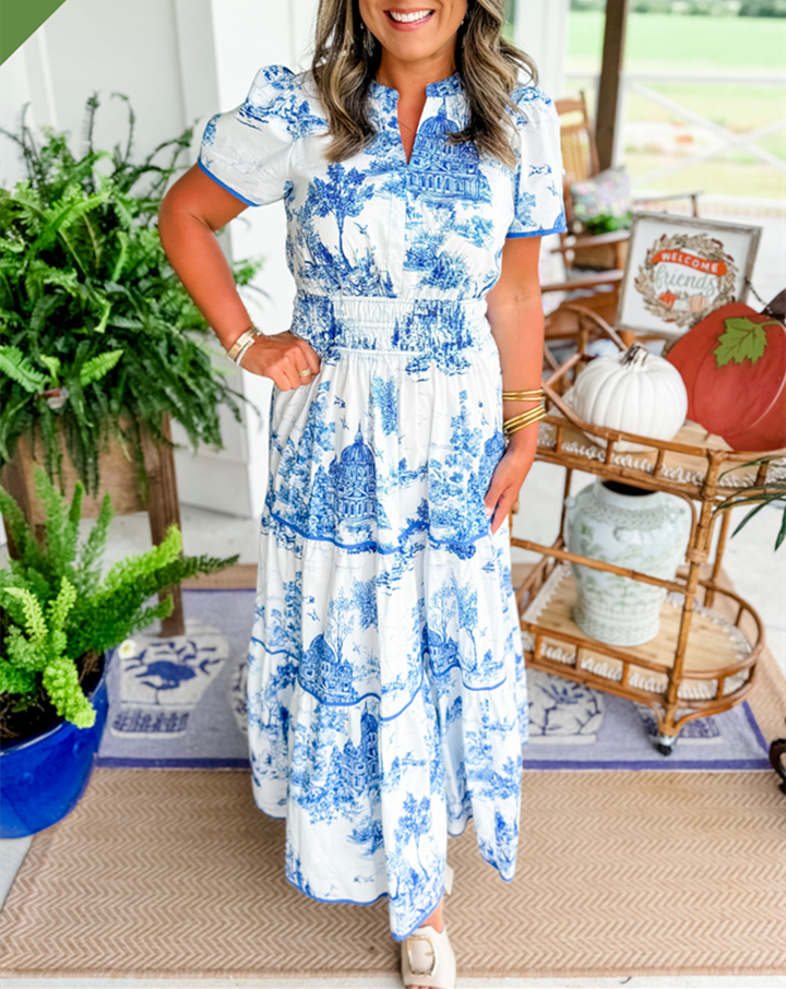 Eliza | Women's Toile Maxi Dress with Smocked Waist and Tiered Skirt