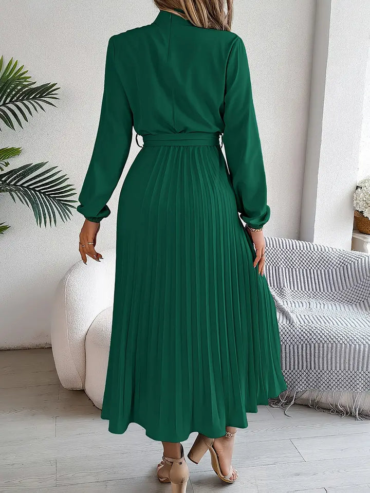 Amelia | Women's Long Sleeve Pleated Midi Dress with Belted Waist