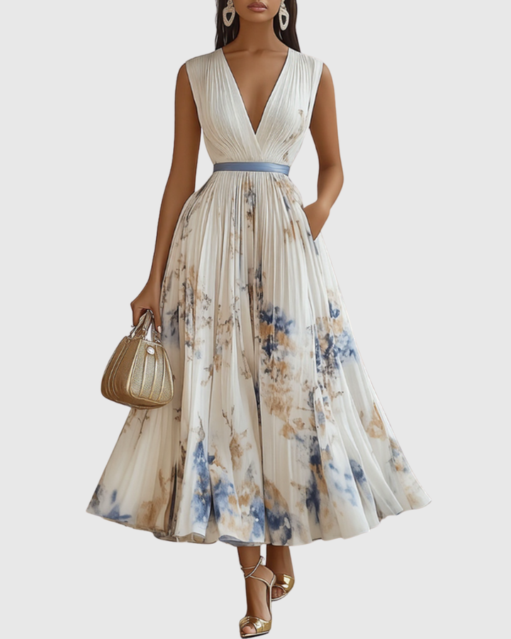 Elodie | Women’s Floral Pleated Maxi Dress with V-Neckline
