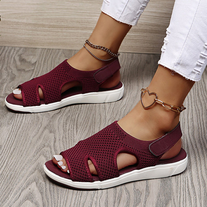 Amiel women's open-toe slingback sport sandals in a rich burgundy knit, featuring a white sporty sole.