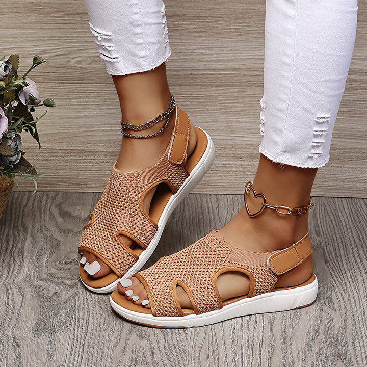 Women's Amiel open-toe slingback sport sandals in soft knit-style tan, perfect for casual warm-weather comfort.