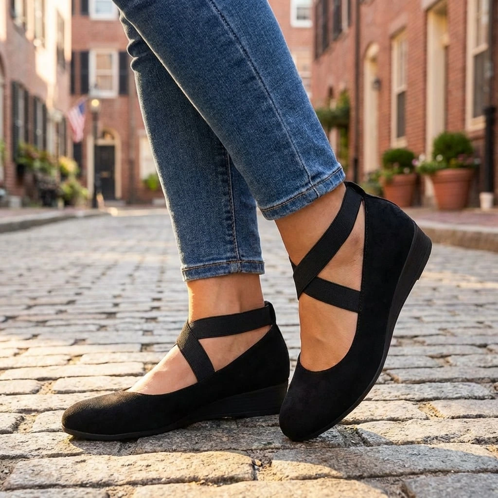 Clara black orthopedic wedge strap flats with a closed toe and secure cross-strap design for everyday comfort.