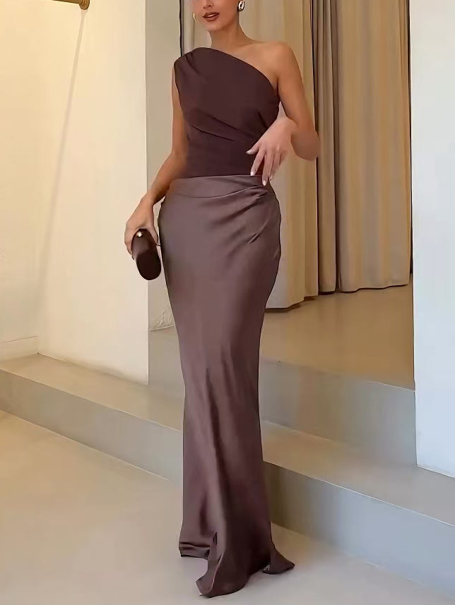 Amara | Women's One Shoulder Pleated Maxi Dress