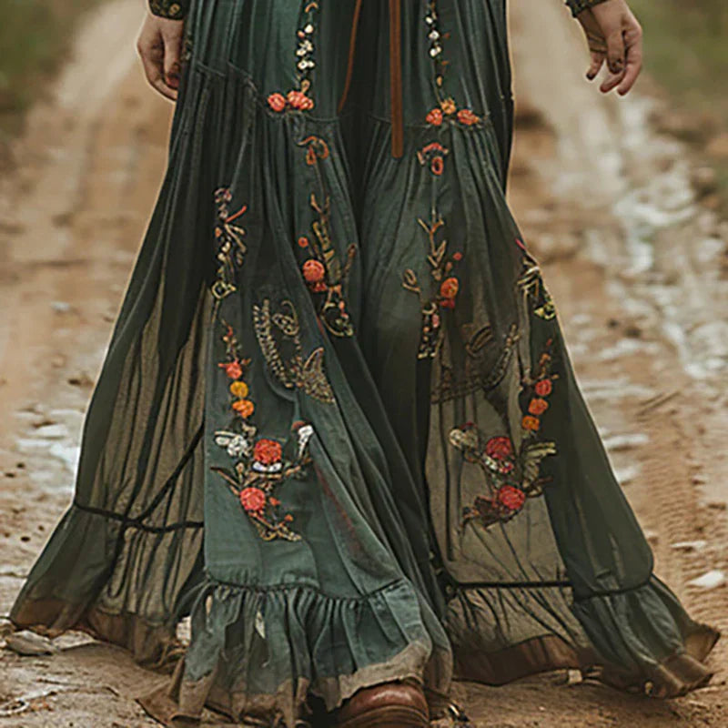Clara | Women's Embroidered V-Neck Maxi Dress with Belted Waist