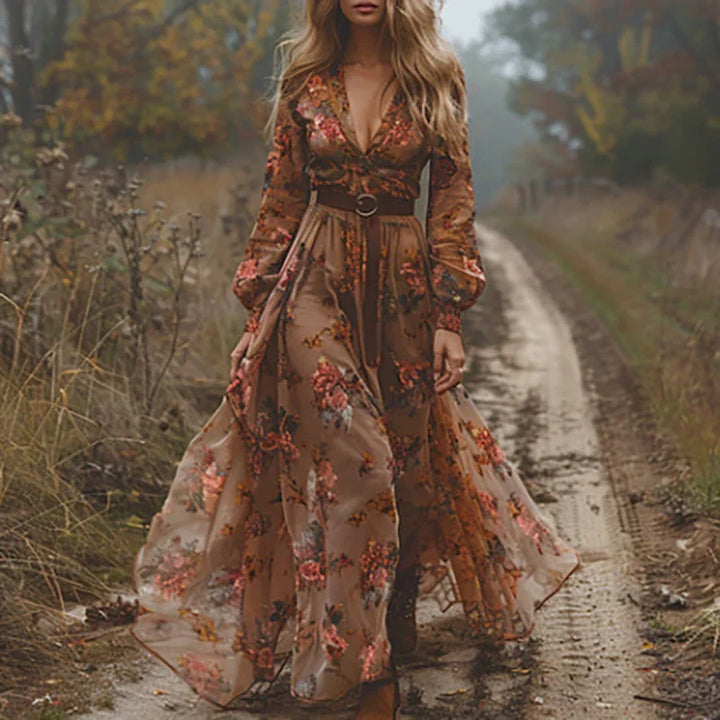 Clara | Women's Embroidered V-Neck Maxi Dress with Belted Waist