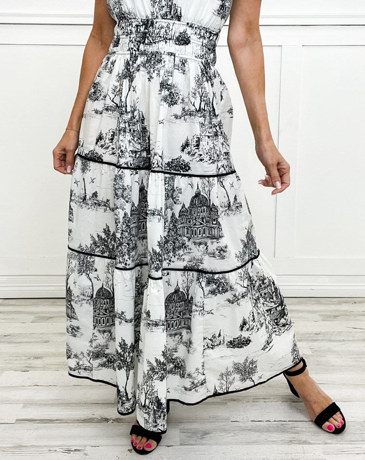 Eliza | Women's Toile Maxi Dress with Smocked Waist and Tiered Skirt