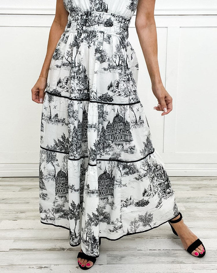 Eliza | Women's Toile Maxi Dress with Smocked Waist and Tiered Skirt