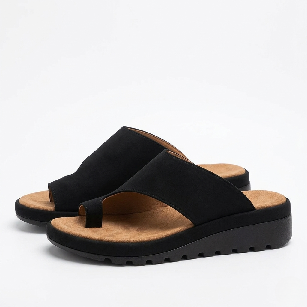 Black Kai women's platform toe ring slide sandals with a cushioned footbed and slip-on design.