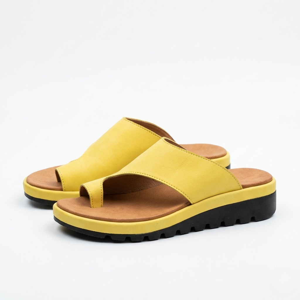 Kai women's yellow leather platform toe ring slide sandals with cushioned footbed and black sole.