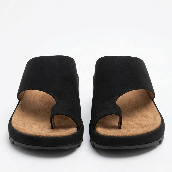 Black Kai women's platform toe ring slide sandals with a cushioned footbed.