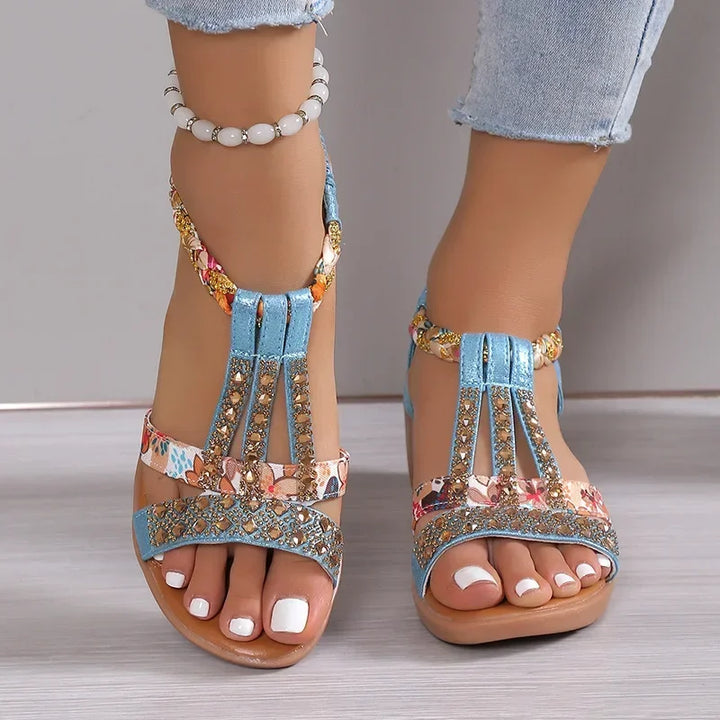 Women's Madeline beaded open toe wedge sandals in light blue with colorful floral and gold beaded straps.