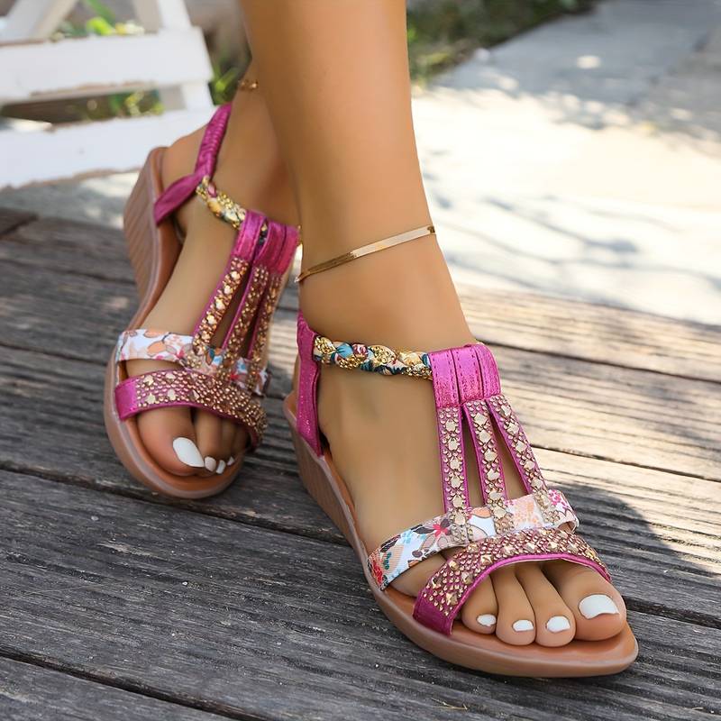 Madeline women's fuchsia beaded open toe wedge sandals with colorful straps and low wedge sole.