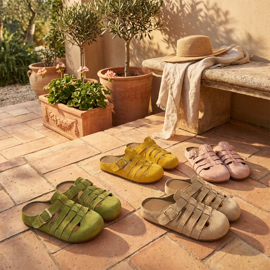 Nora women's buckle strap slip-on mule sandals in green, yellow, pink, and natural suede with cutout detailing.
