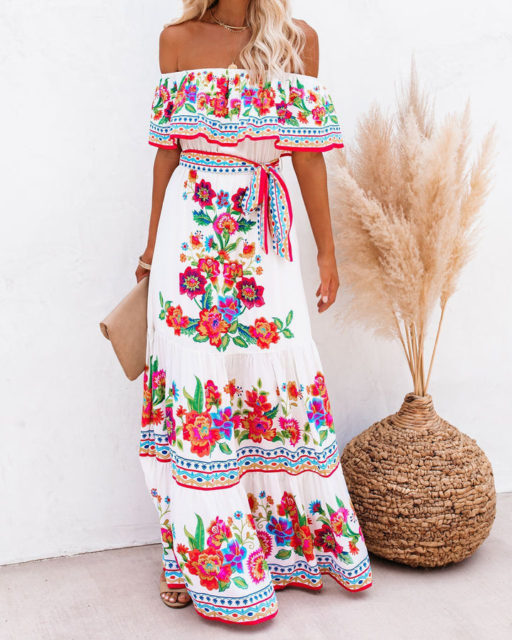 Jacinta | Women's Floral Off Shoulder Maxi Dress with Tie Waist
