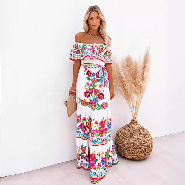 Jacinta | Women's Floral Off Shoulder Maxi Dress with Tie Waist
