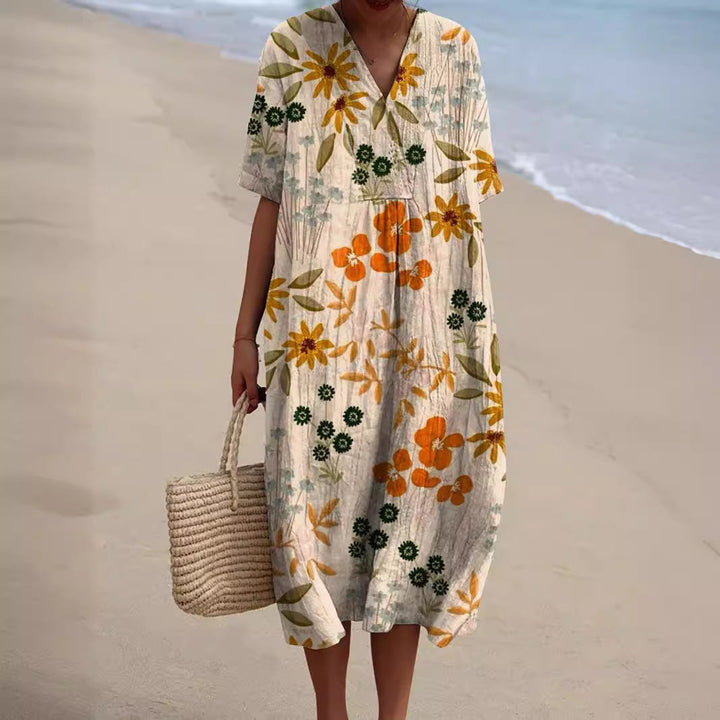 Signe | Women's Floral Midi Dress with V-Neck and Relaxed Fit