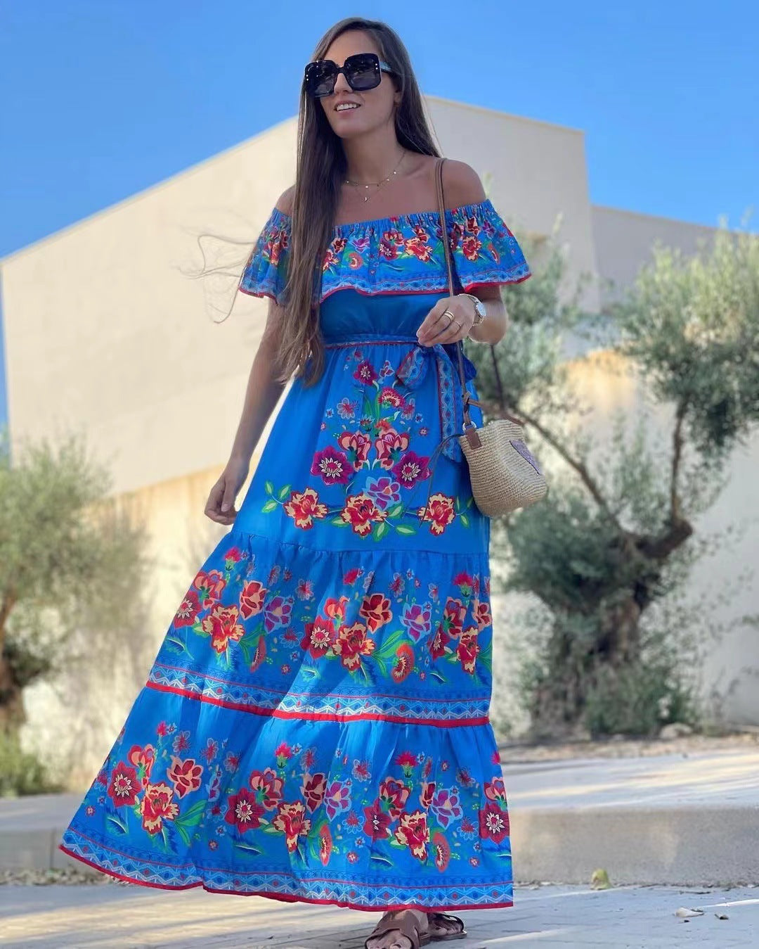 Jacinta | Women's Floral Off Shoulder Maxi Dress with Tie Waist
