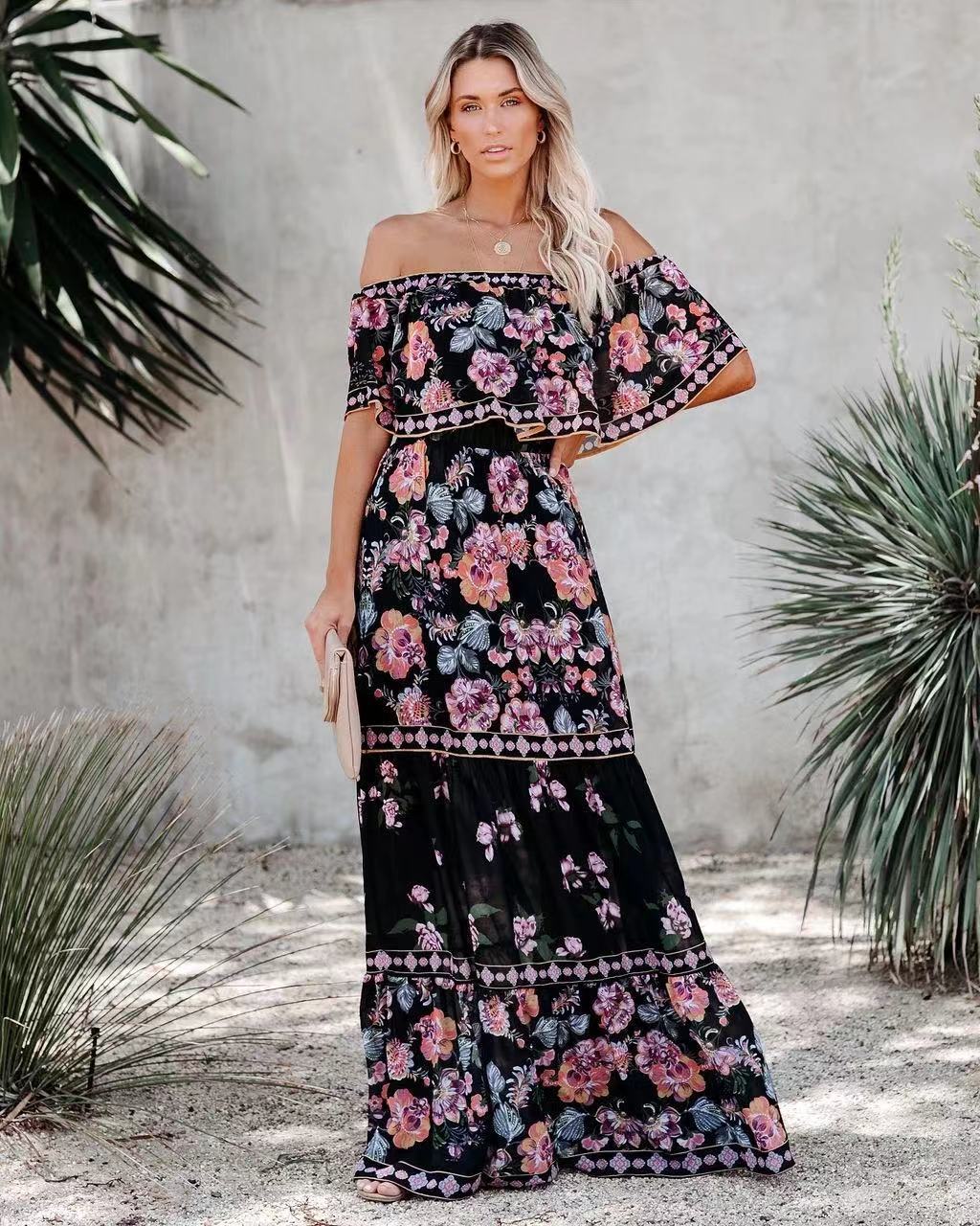 Jacinta | Women's Floral Off Shoulder Maxi Dress with Tie Waist