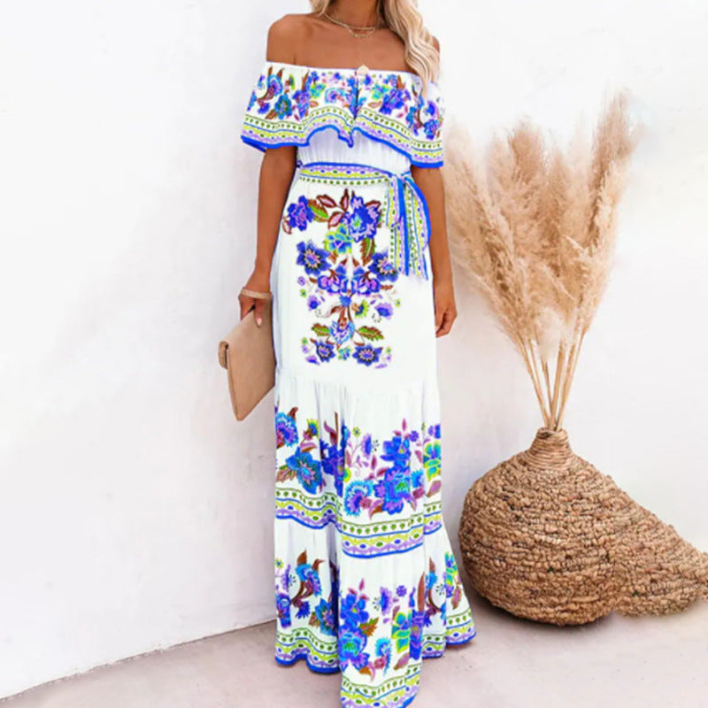 Jacinta | Women's Floral Off Shoulder Maxi Dress with Tie Waist
