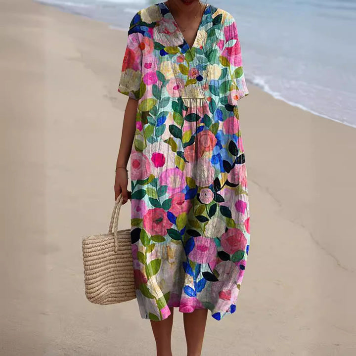 Signe | Women's Floral Midi Dress with V-Neck and Relaxed Fit