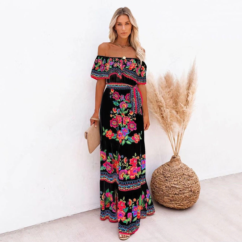 Jacinta | Women's Floral Off Shoulder Maxi Dress with Tie Waist