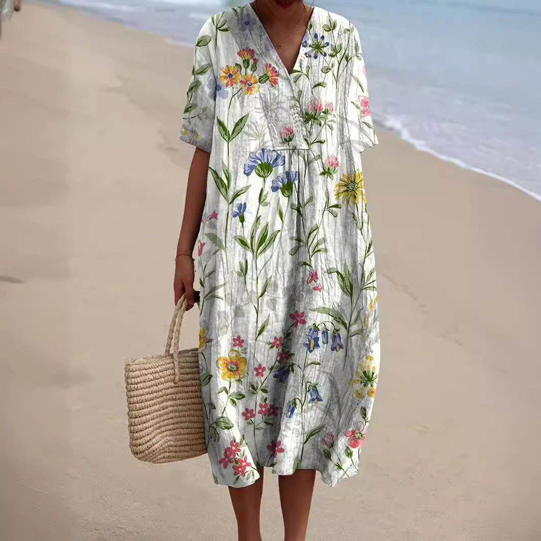 Signe | Women's Floral Midi Dress with V-Neck and Relaxed Fit