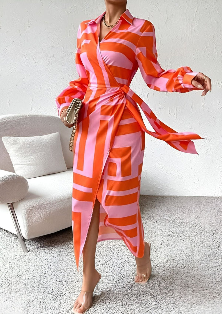 Karin | Women's Printed Wrap Midi Dress with Long Sleeves