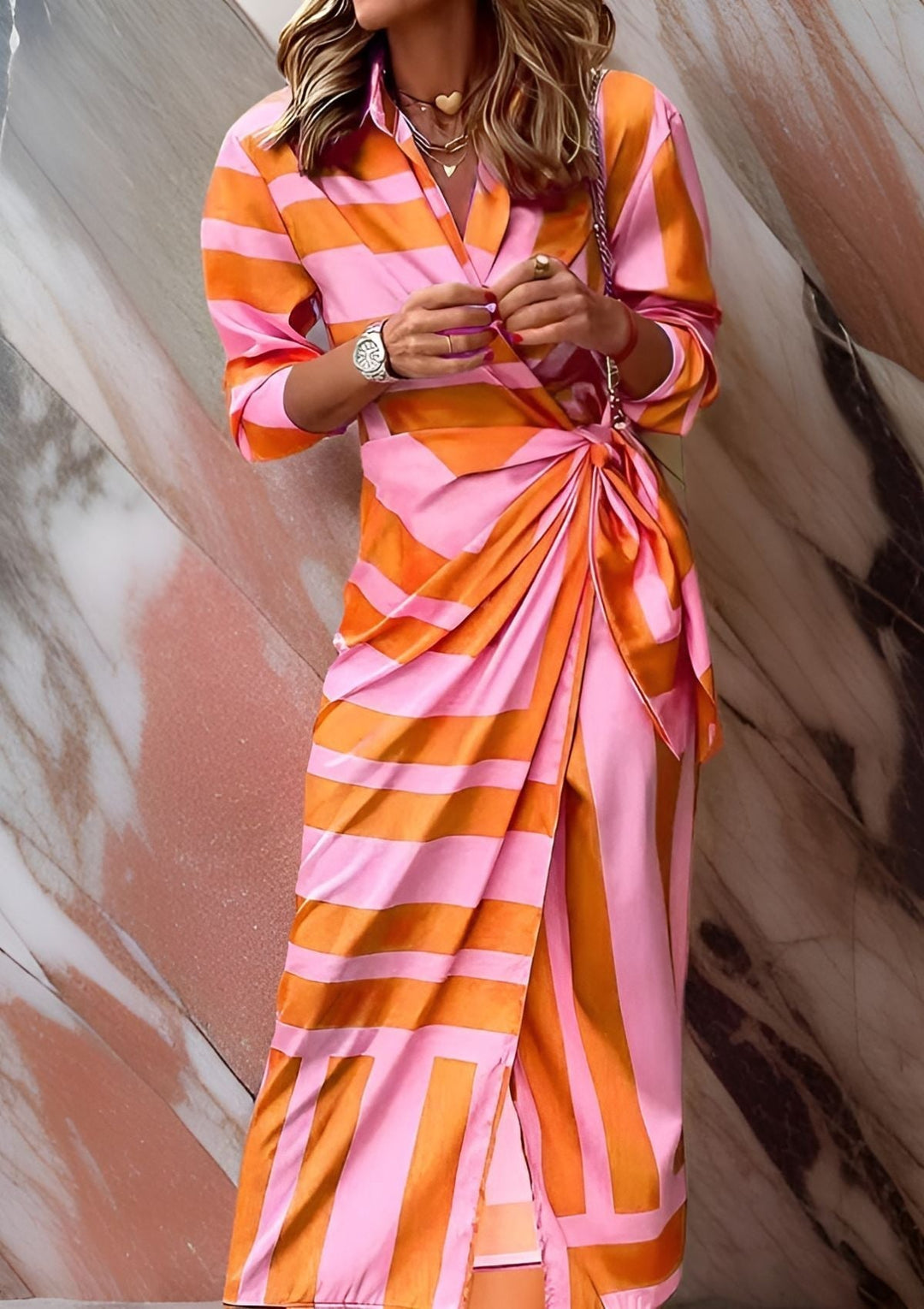 Karin | Women's Printed Wrap Midi Dress with Long Sleeves